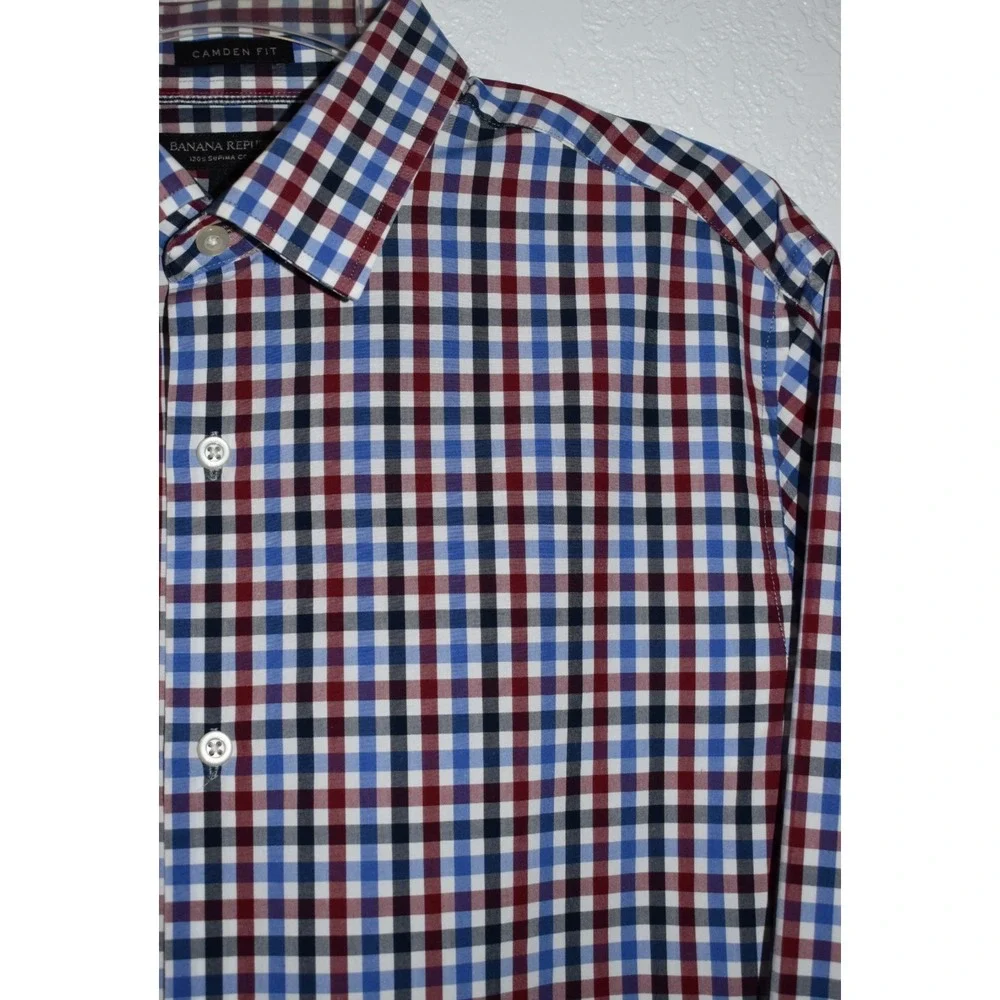 Banana Republic Camden Fit Shirt Button Mens Medium Red Blue Check Supima Cotton